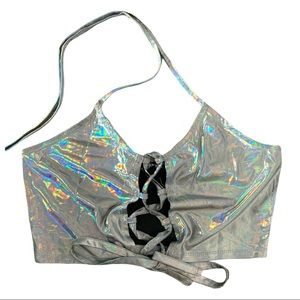 NWOT* Holographic Lace Up Top